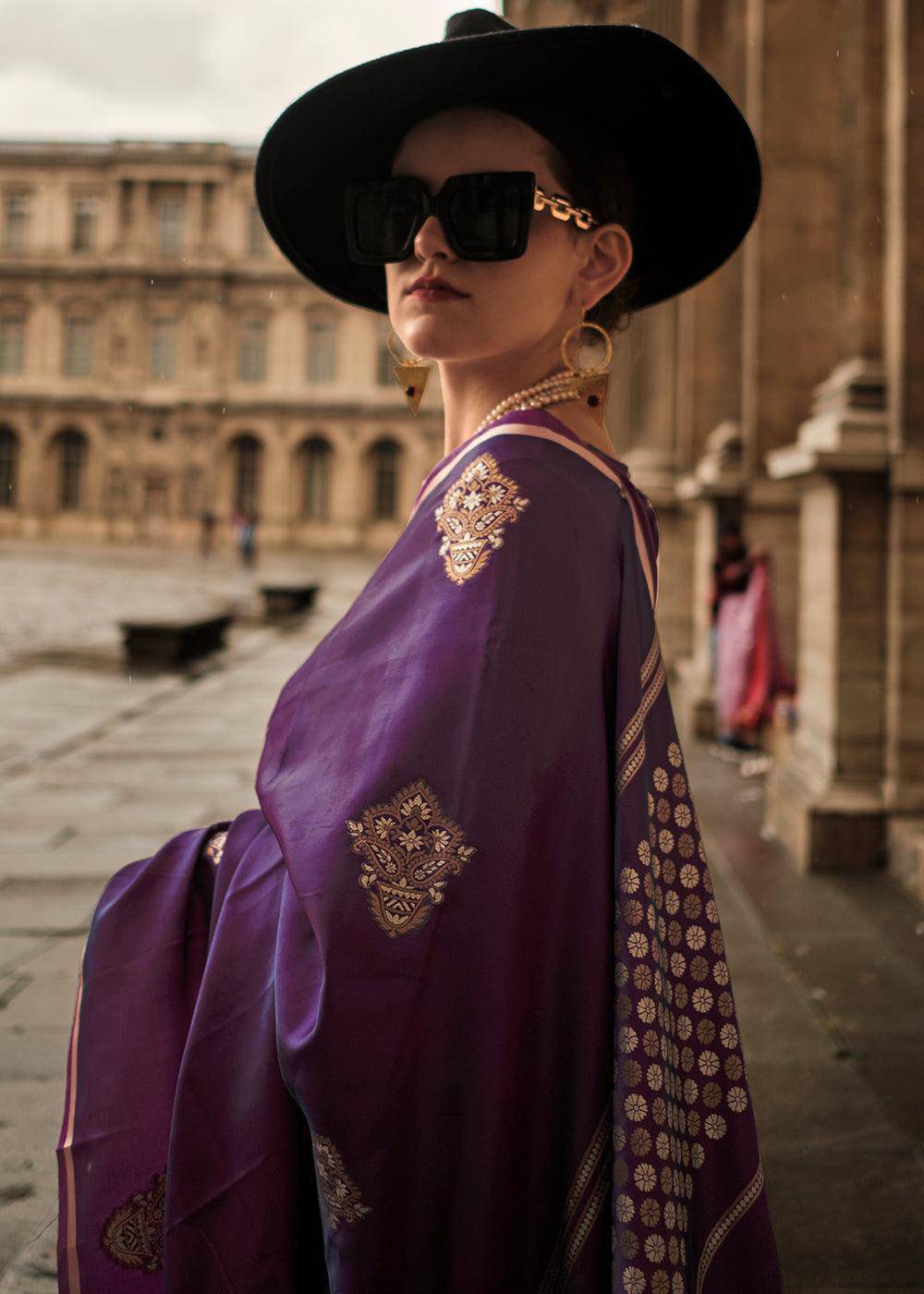 Irish Purple Handloom Woven Satin Silk Saree | Stitched Blouse - qivii