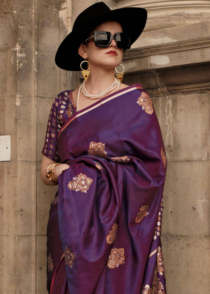 Irish Purple Handloom Woven Satin Silk Saree | Stitched Blouse - qivii