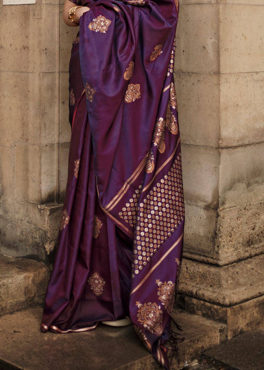 Irish Purple Handloom Woven Satin Silk Saree | Stitched Blouse - qivii