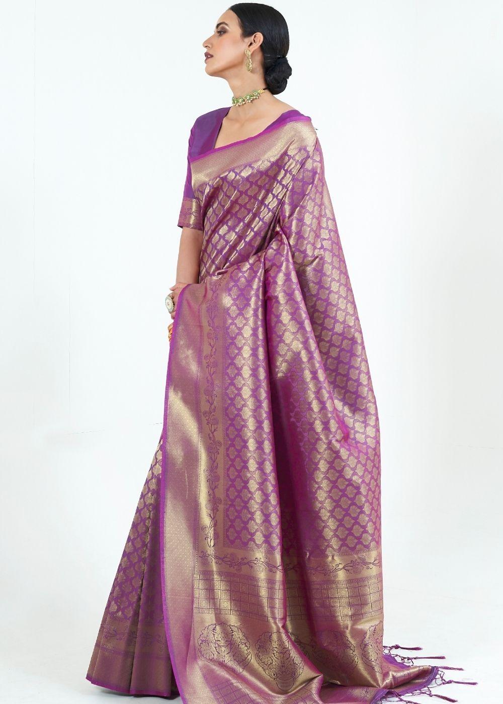 Irish Purple Woven Kanjivaram Silk Saree : Limited Edition | Stitched Blouse - qivii