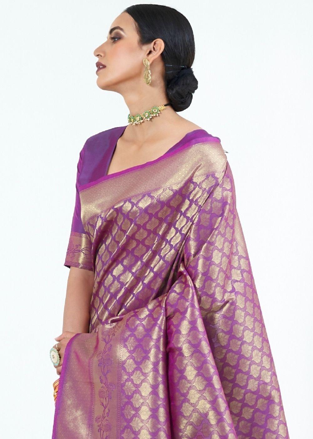 Irish Purple Woven Kanjivaram Silk Saree : Limited Edition | Stitched Blouse - qivii