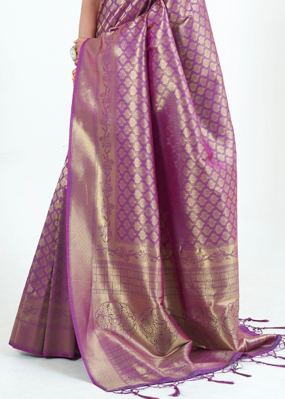 Irish Purple Woven Kanjivaram Silk Saree : Limited Edition | Stitched Blouse - qivii