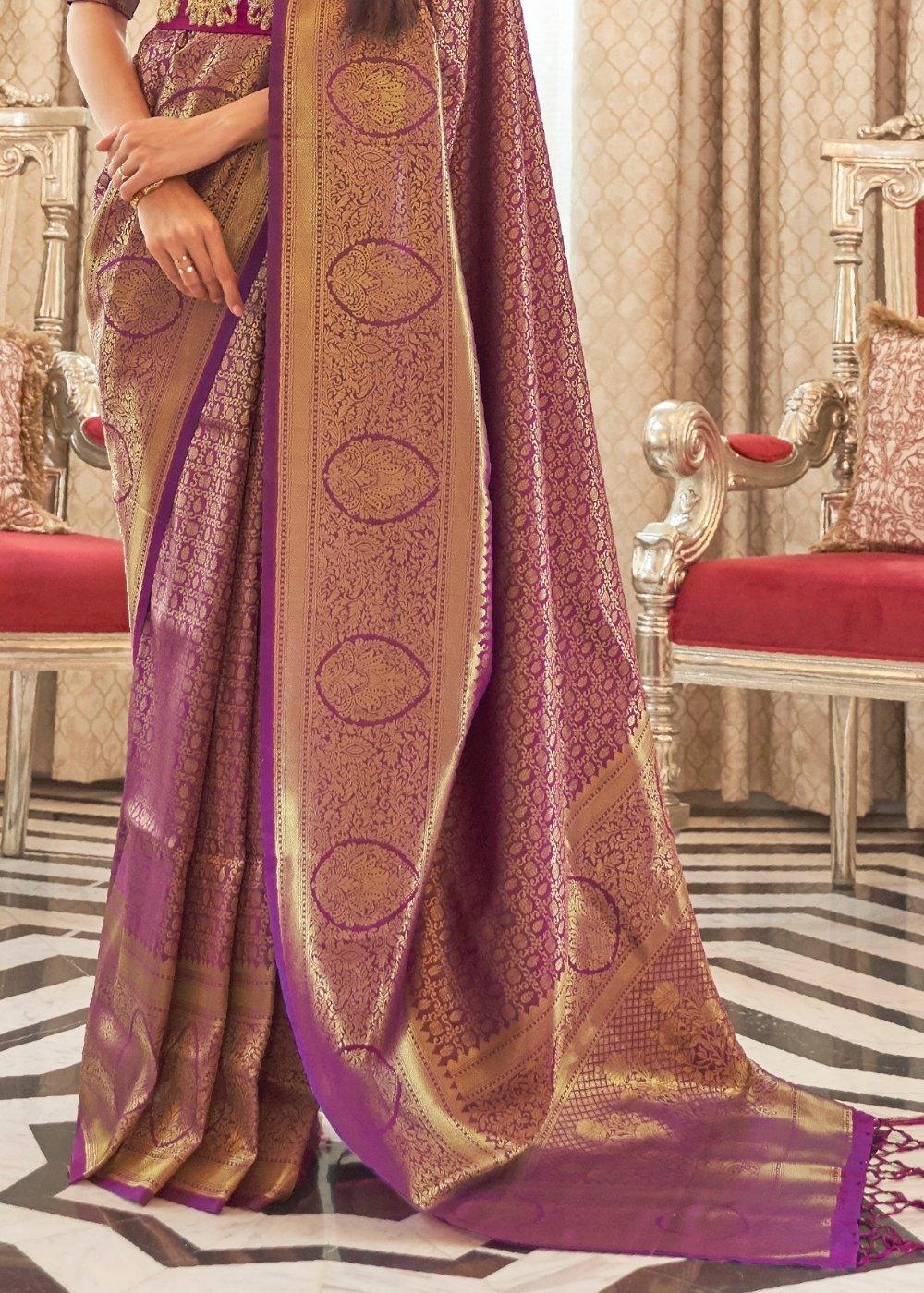 Irish Purple Zari Woven Kanjivaram Silk Saree with Tassels on Pallu | Stitched Blouse - qivii