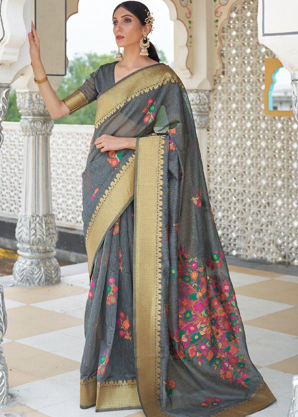 Iron Grey Floral Embroidered Linen Silk Saree | Stitched Blouse - qivii