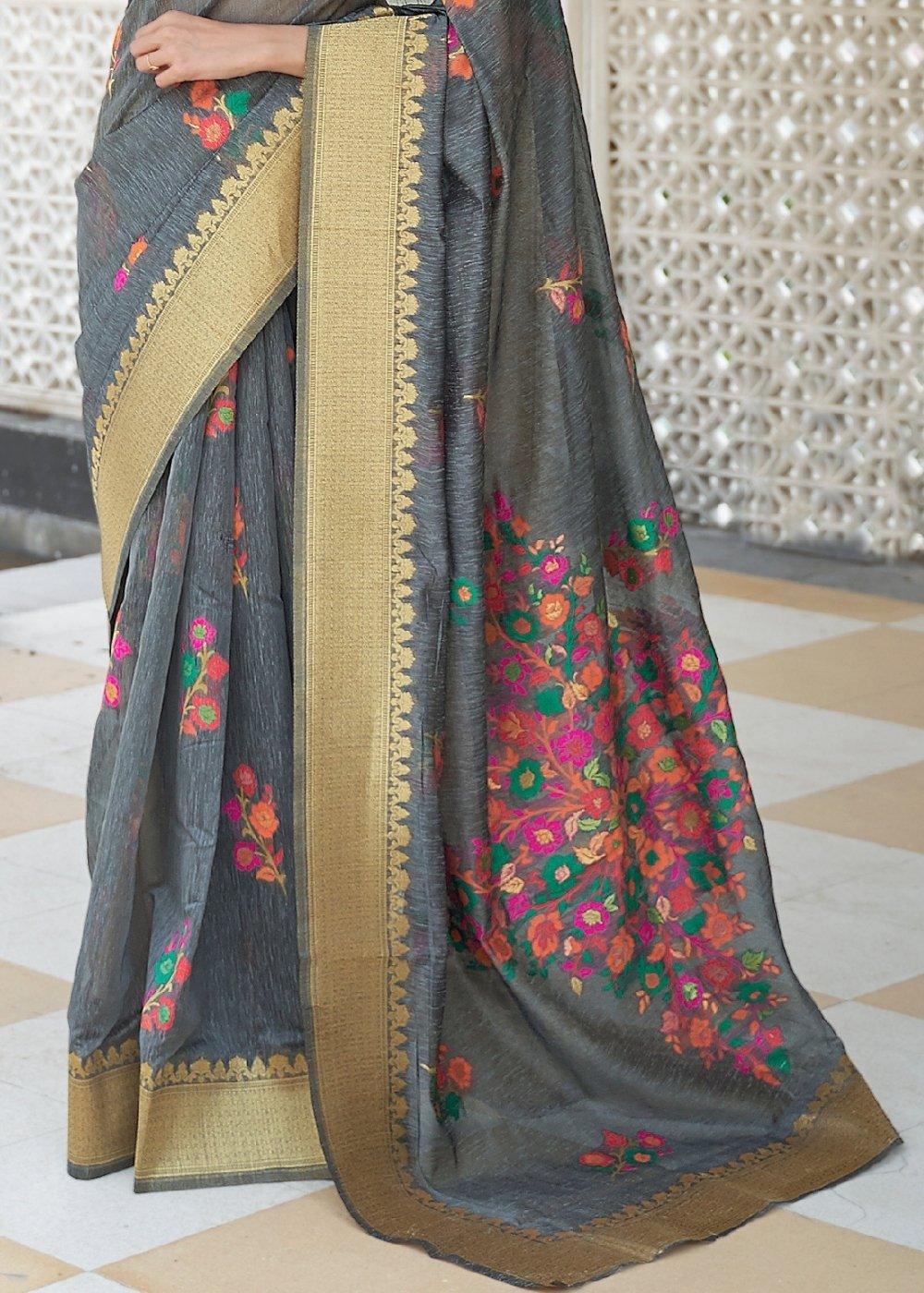 Iron Grey Floral Embroidered Linen Silk Saree | Stitched Blouse - qivii