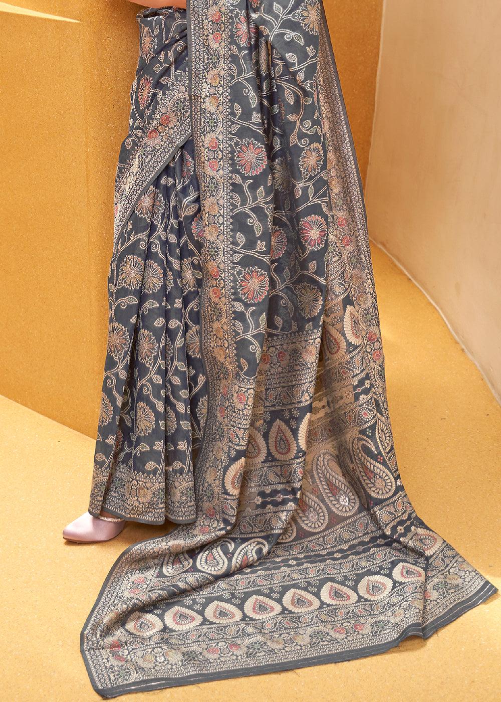 Iron Grey Lucknowi Chikankari Weaving Silk Saree - qivii