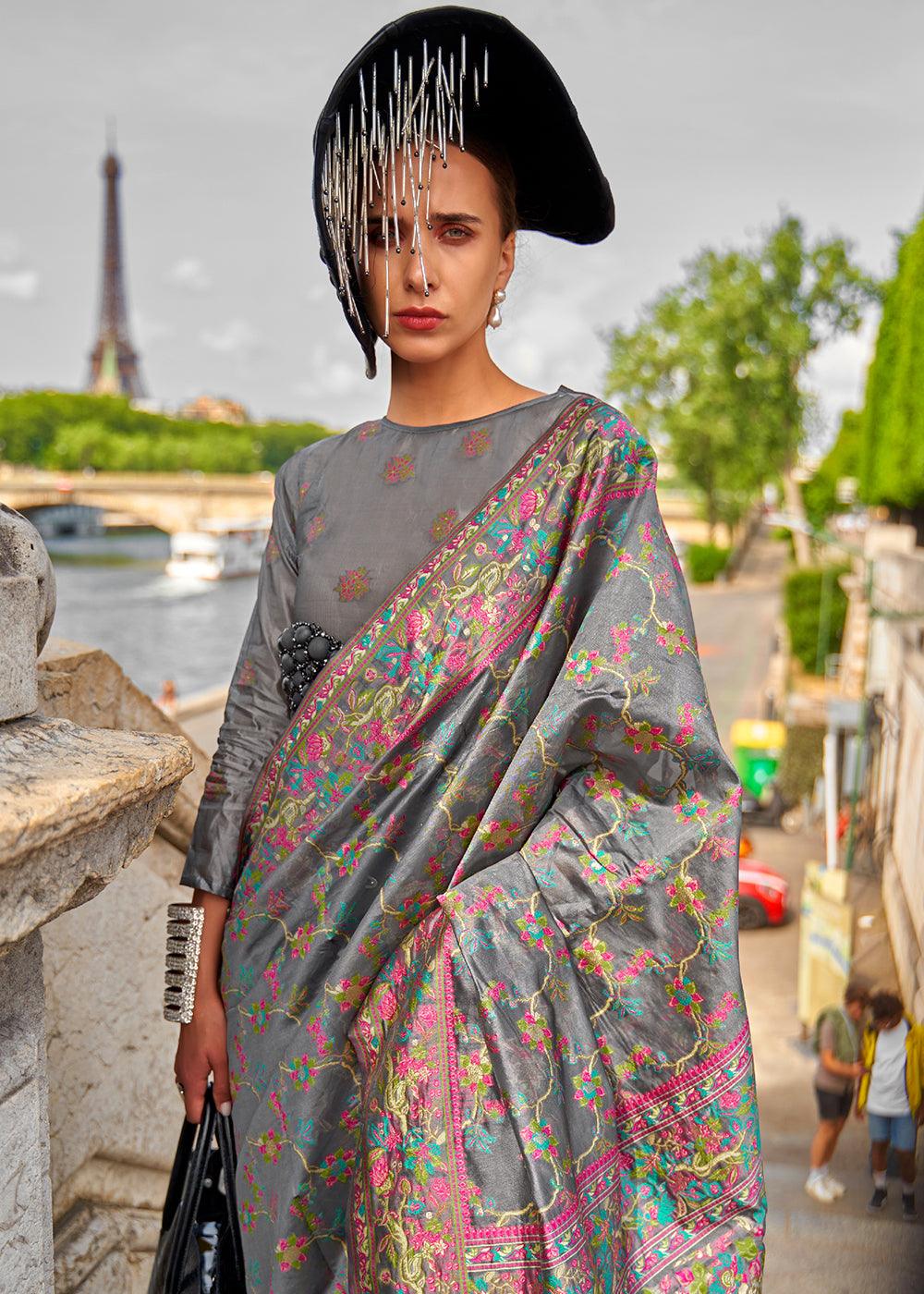 Iron Grey Parsi Handloom Woven Organza Silk Sareei9 - qivii