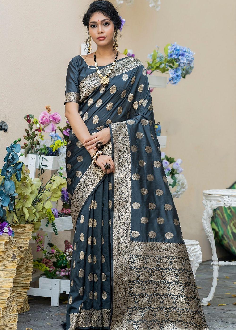 Iron Grey Soft Banarasi Silk Saree with overall Butti | Stitched Blouse - qivii