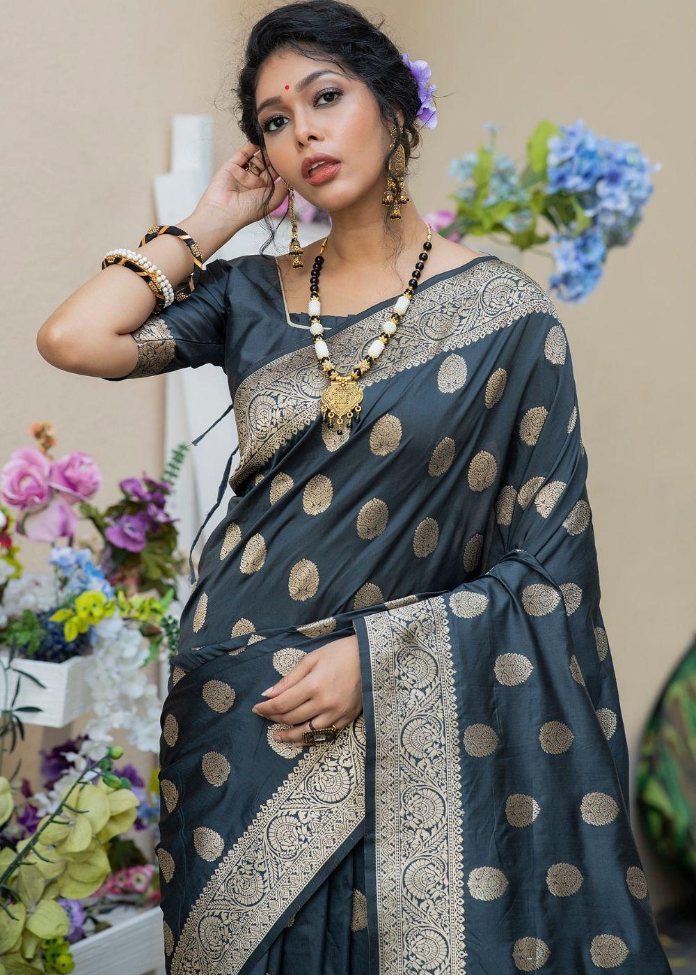 Iron Grey Soft Banarasi Silk Saree with overall Butti | Stitched Blouse - qivii