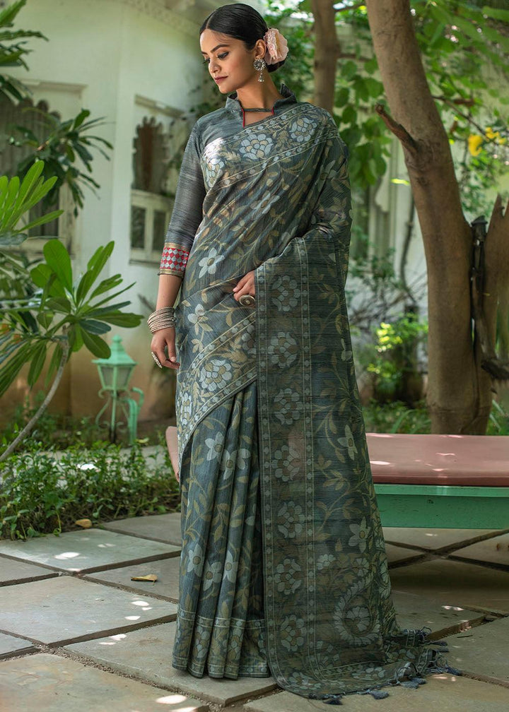 Iron Grey Zari Woven Floral Tussar Silk Saree | Stitched Blouse - qivii