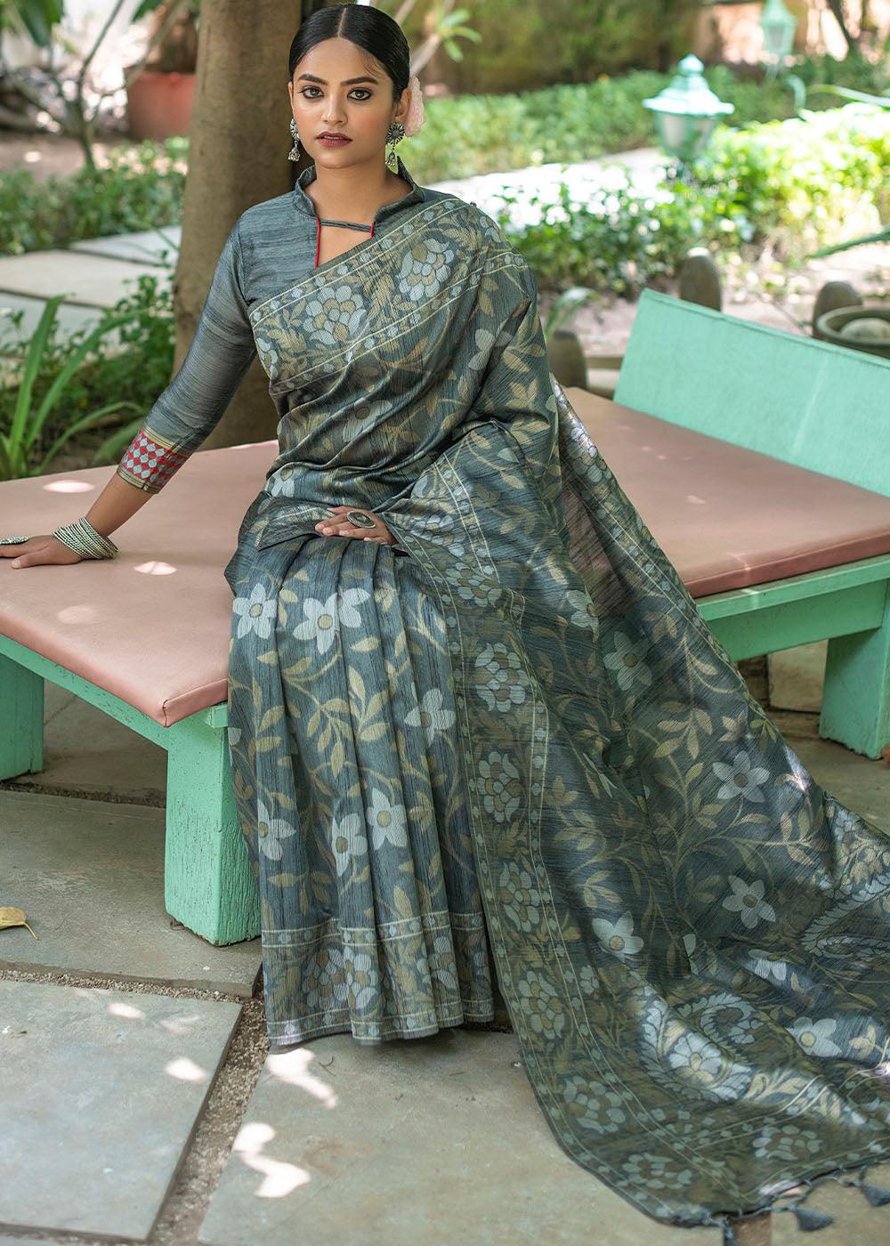 Iron Grey Zari Woven Floral Tussar Silk Saree | Stitched Blouse - qivii