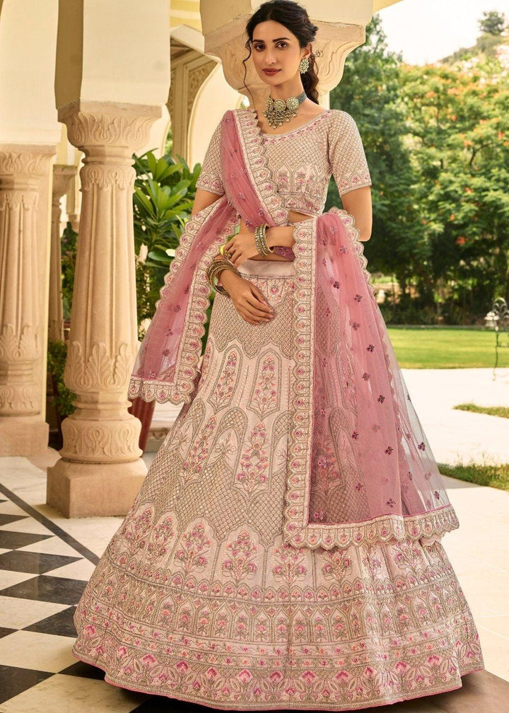 Ivory Pink Crepe Lehenga Choli with Zari, Sequins, Dori, Thread & Zarkan work - qivii