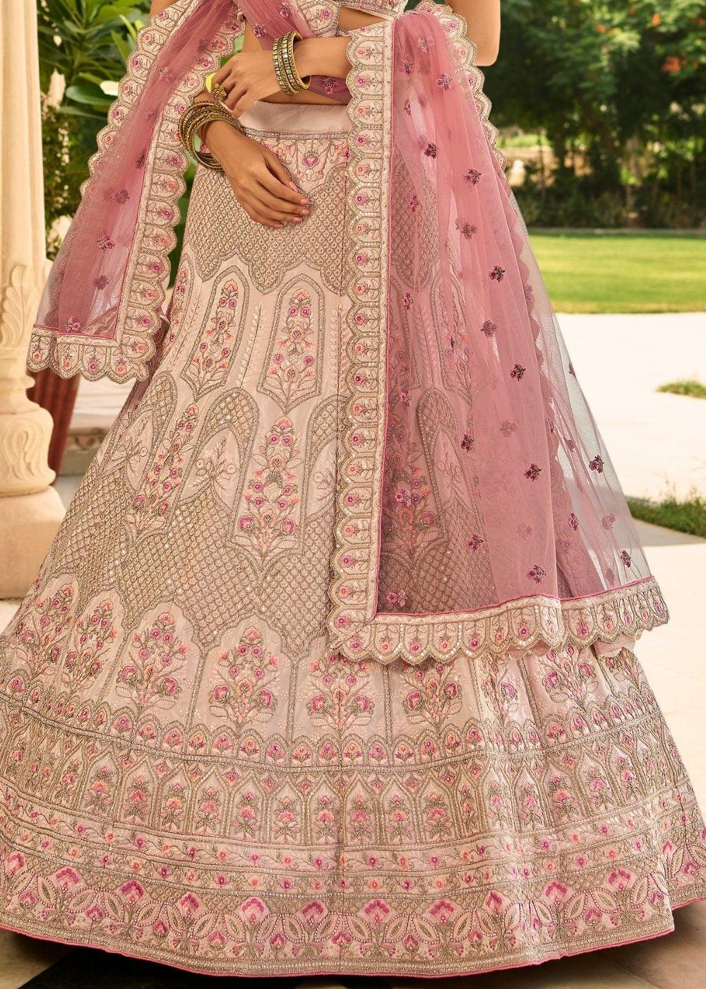 Ivory Pink Crepe Lehenga Choli with Zari, Sequins, Dori, Thread & Zarkan work - qivii