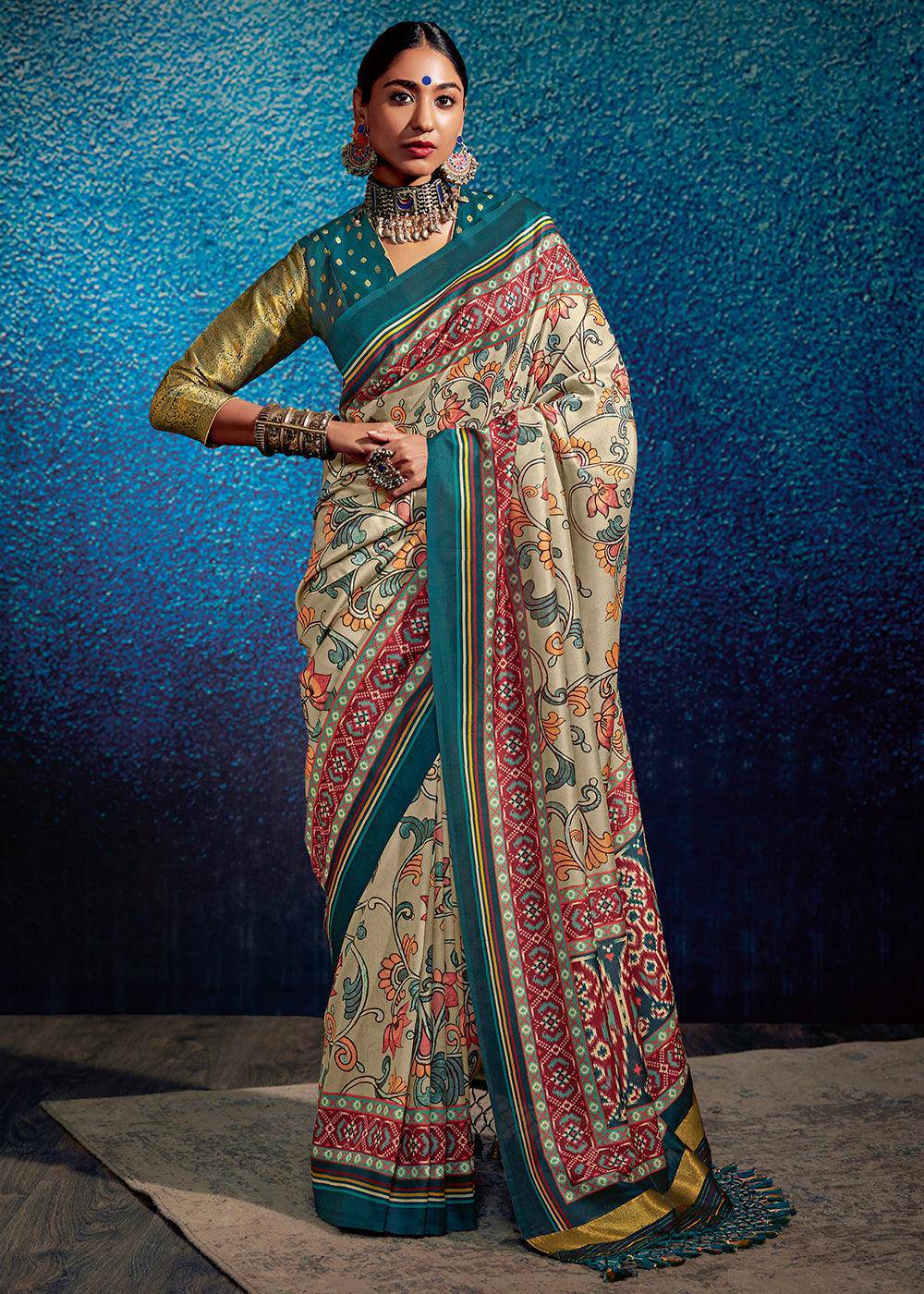 Ivory White & Blue Kalamkari Printed Soft Tussar Silk Saree with Patola Pallu | Stitched Blouse - qivii