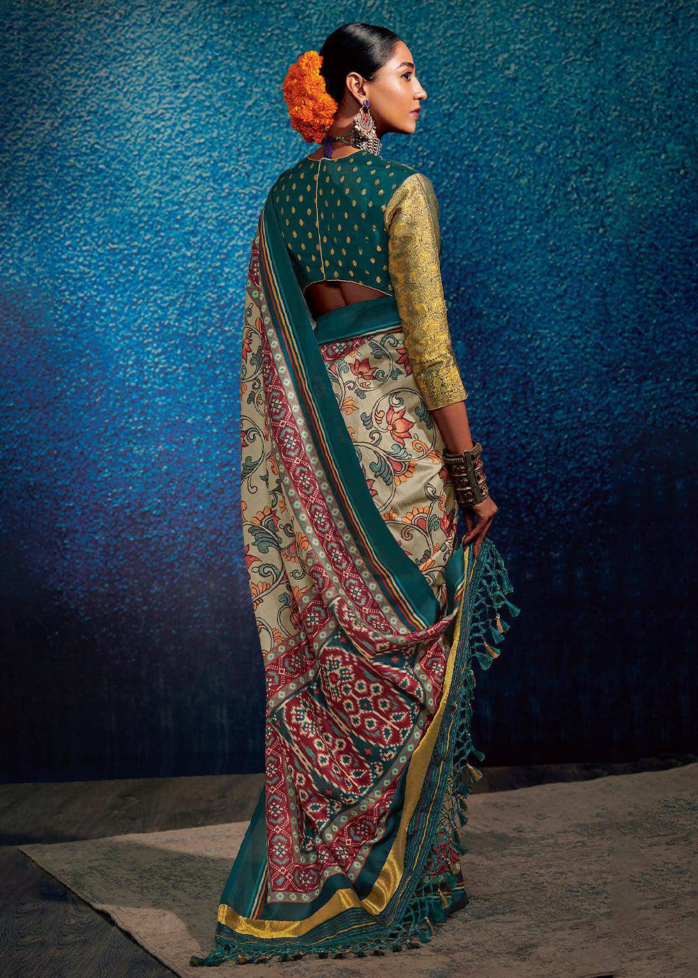 Ivory White & Blue Kalamkari Printed Soft Tussar Silk Saree with Patola Pallu | Stitched Blouse - qivii