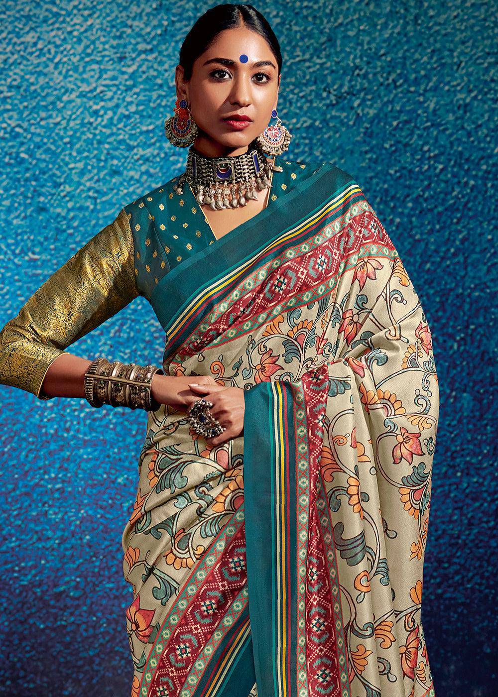 Ivory White & Blue Kalamkari Printed Soft Tussar Silk Saree with Patola Pallu | Stitched Blouse - qivii