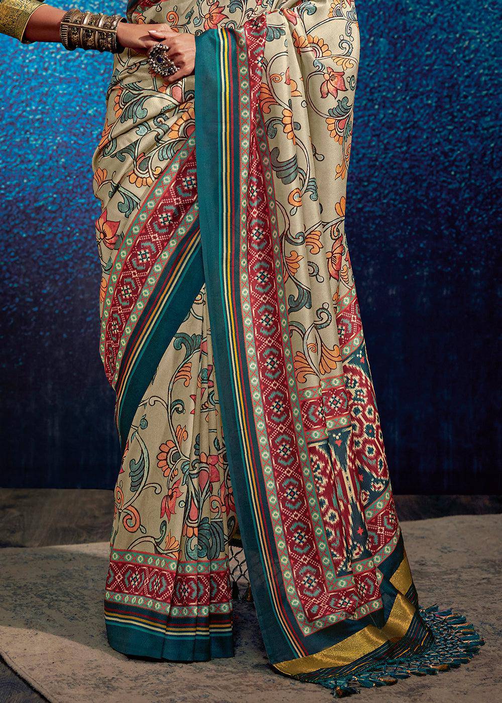 Ivory White & Blue Kalamkari Printed Soft Tussar Silk Saree with Patola Pallu | Stitched Blouse - qivii