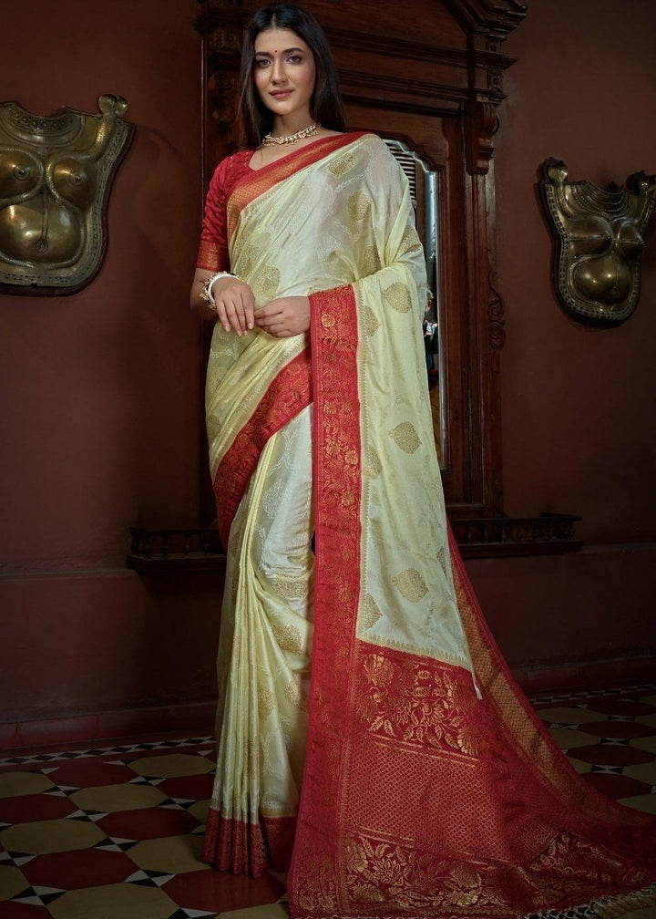 Ivory White Designer Satin Silk Saree | Stitched Blouse - qivii