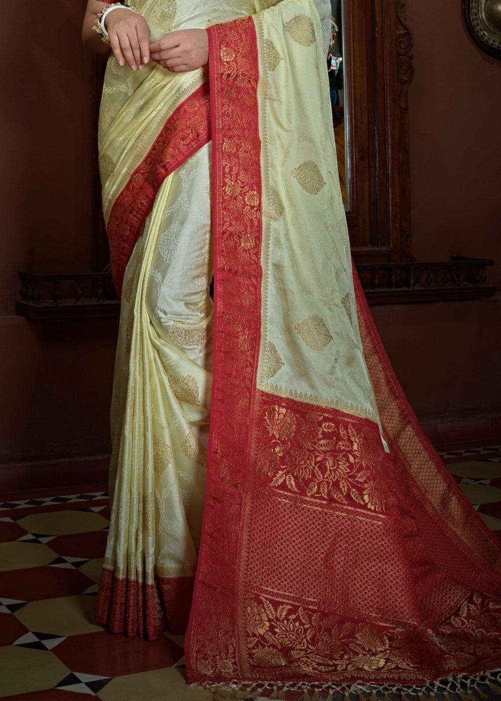 Ivory White Designer Satin Silk Saree | Stitched Blouse - qivii