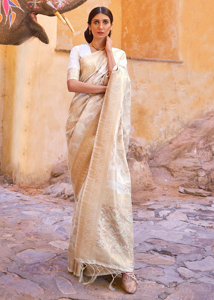 Ivory White Handloom Weave Soft Banarasi Silk Saree | Stitched Blouse - qivii