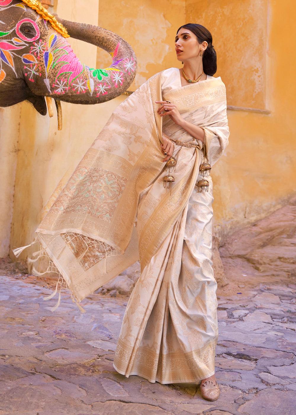 Ivory White Handloom Weave Soft Banarasi Silk Saree | Stitched Blouse - qivii