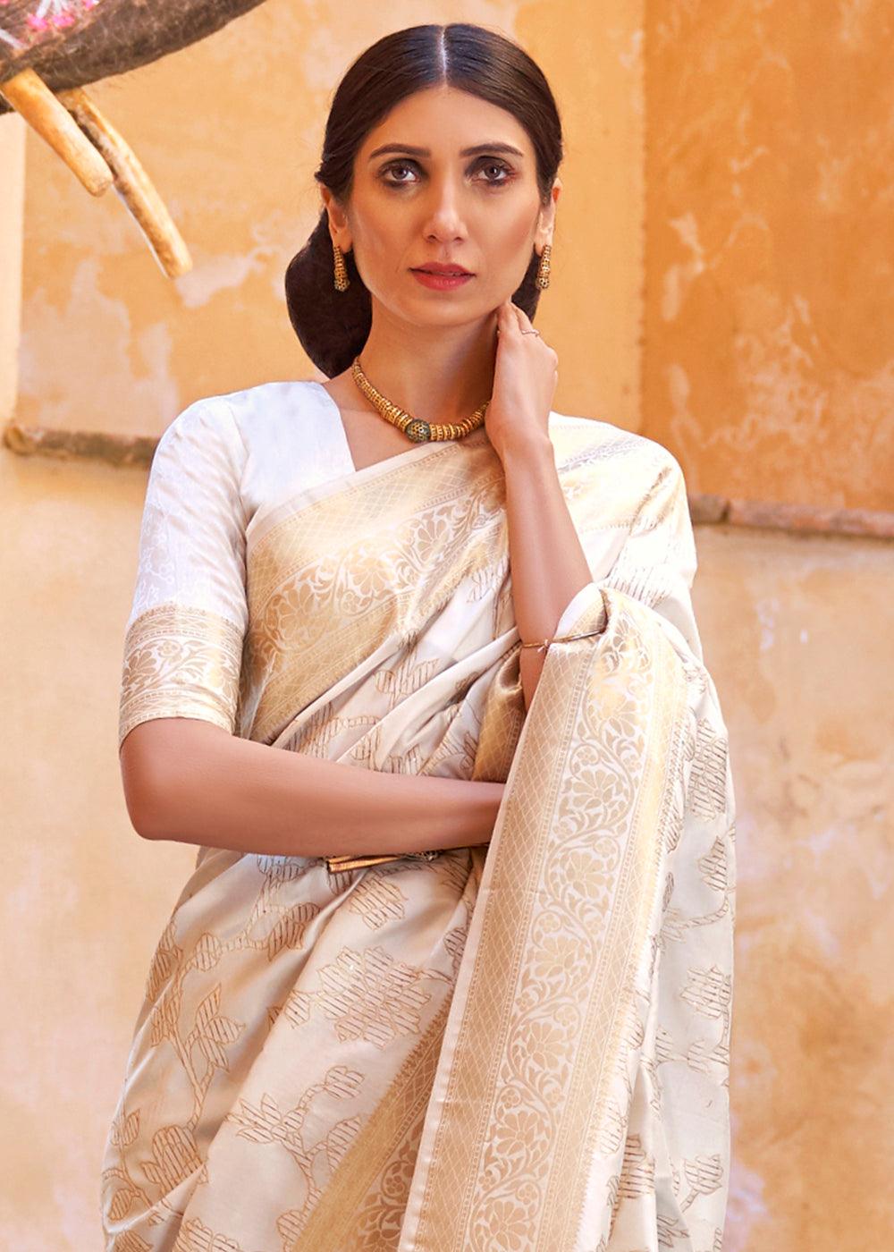 Ivory White Handloom Weave Soft Banarasi Silk Saree | Stitched Blouse - qivii