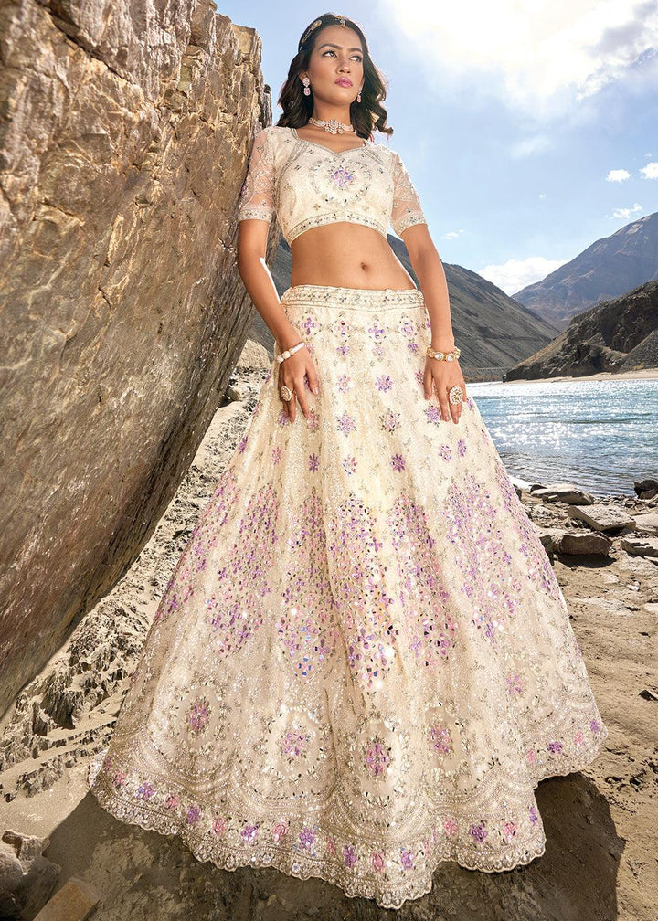 Ivory White Net lehenga Choli with Mirror,Zarkan & Cutwork - qivii