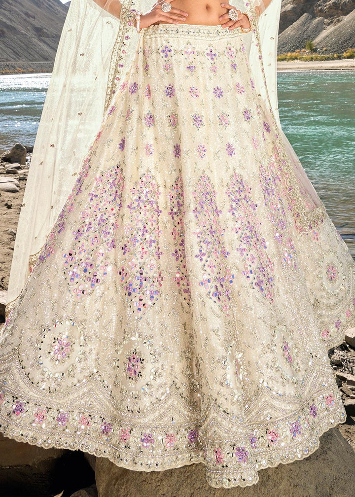 Ivory White Net lehenga Choli with Mirror,Zarkan & Cutwork - qivii