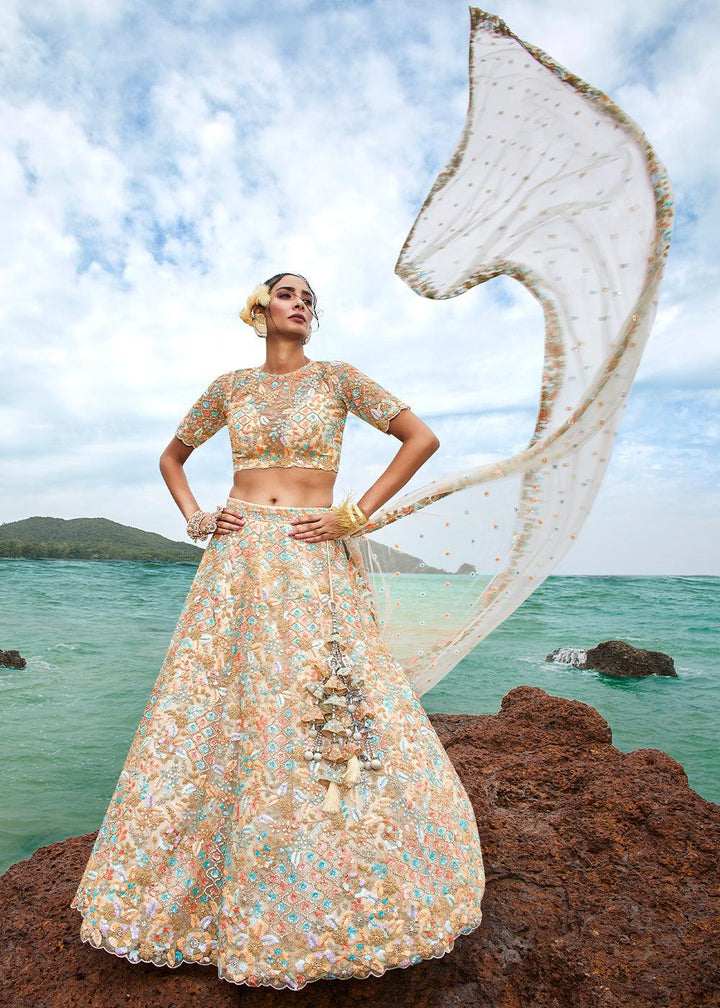 Ivory White Net Lehenga Choli with Sequins,Coding & Zarkan work - qivii