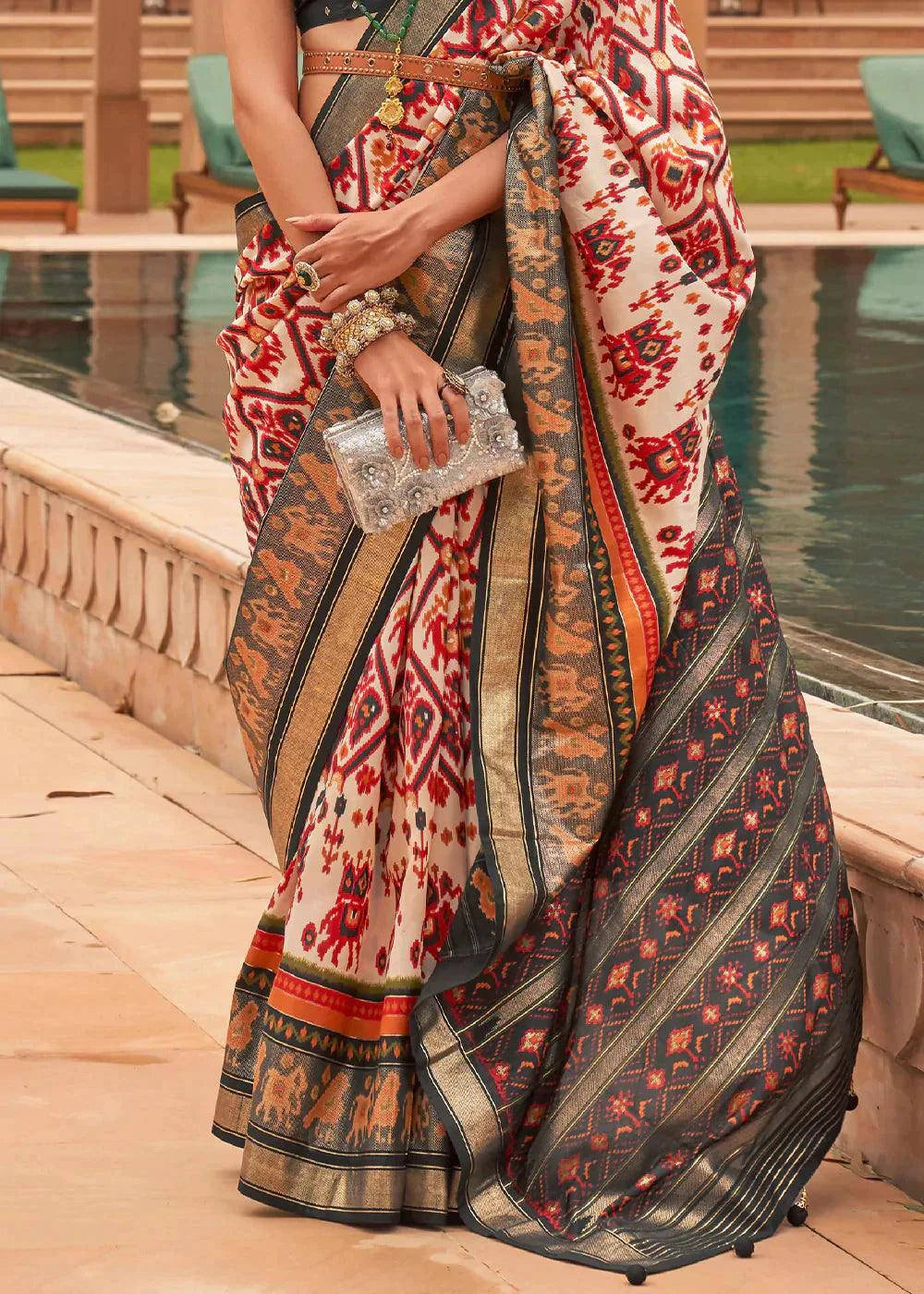 Ivory White Patola Printed Smooth Silk Saree | Stitched Blouse - qivii