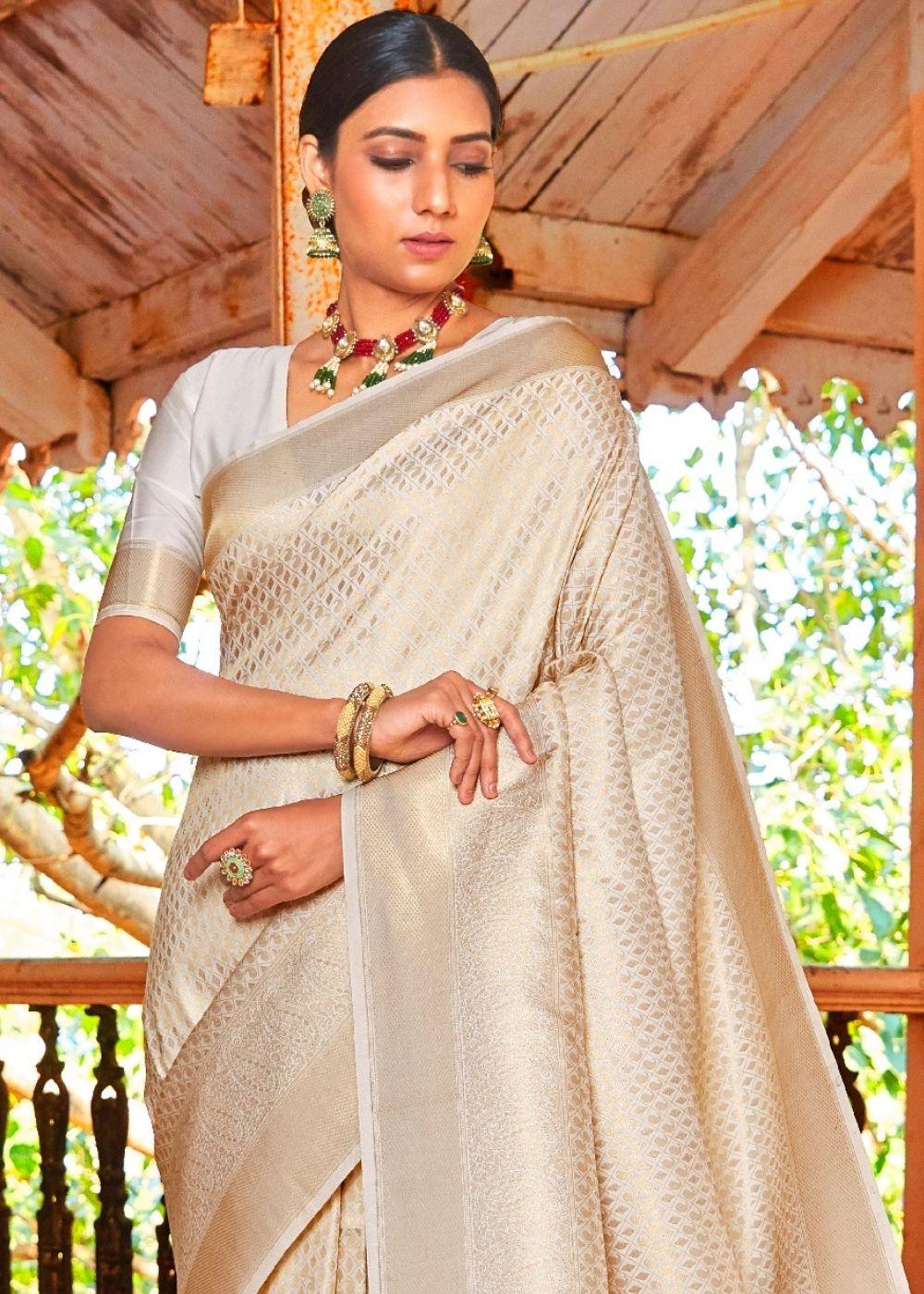 Ivory White Woven Kanjivaram Saree:Limited Edition | Stitched Blouse - qivii