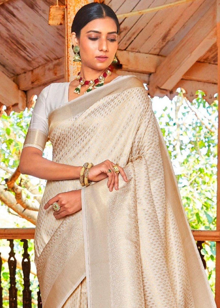 Ivory White Woven Kanjivaram Saree:Limited Edition | Stitched Blouse - qivii