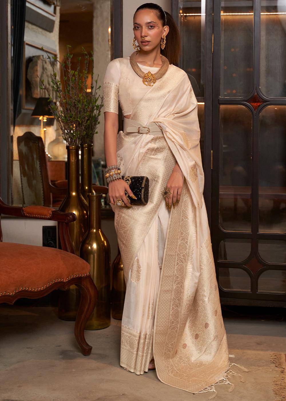 Ivory White Woven Khaddi Georgette Silk Saree | Stitched Blouse - qivii