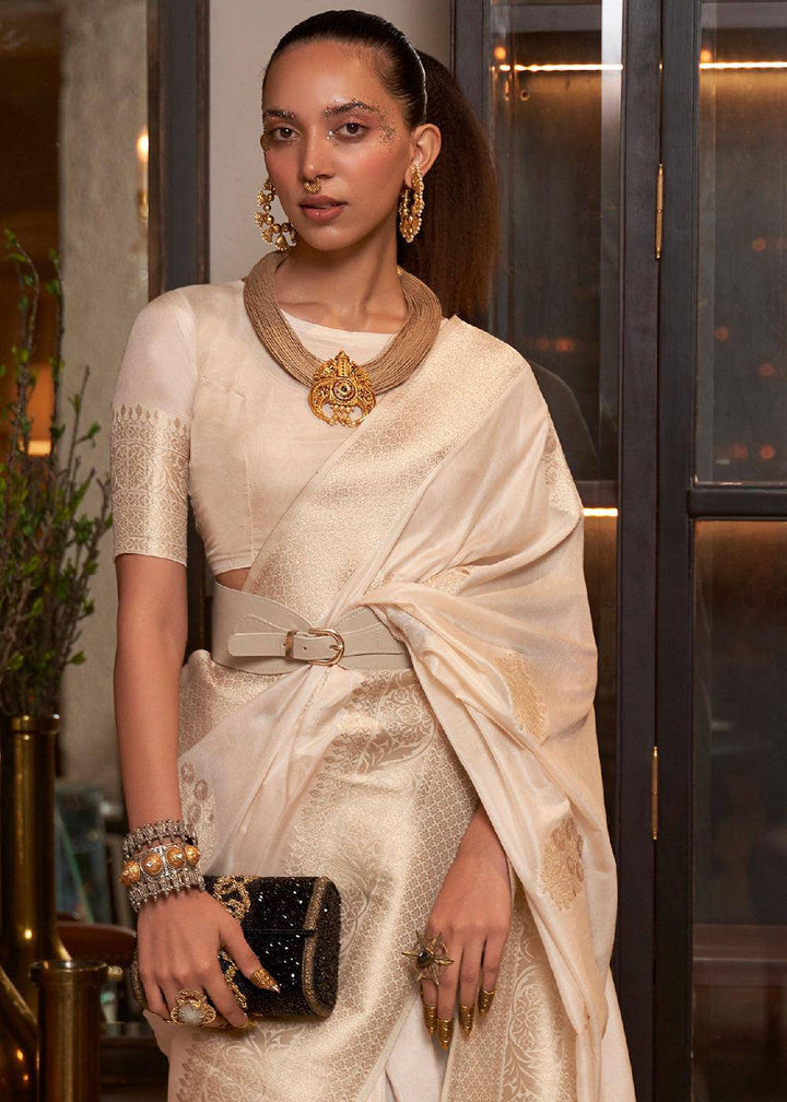 Ivory White Woven Khaddi Georgette Silk Saree | Stitched Blouse - qivii