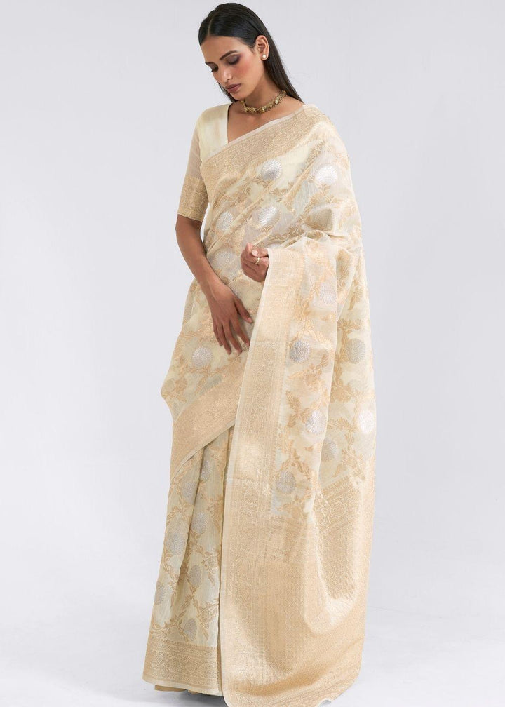 Ivory White Zari Woven Linen Silk Saree | Stitched Blouse - qivii