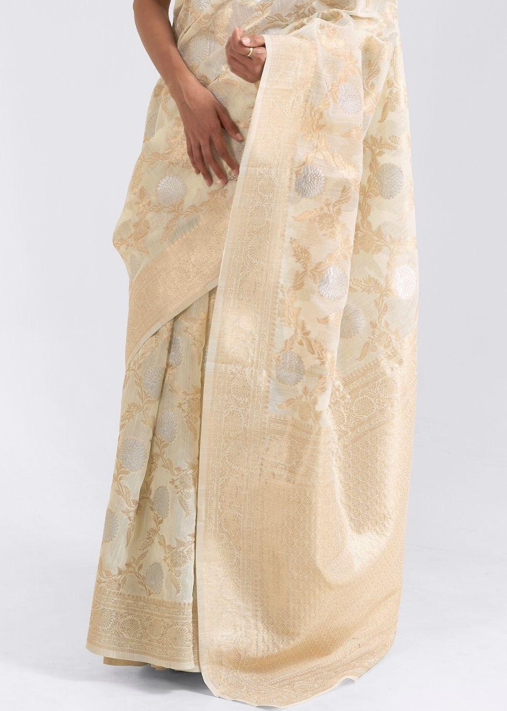 Ivory White Zari Woven Linen Silk Saree | Stitched Blouse - qivii