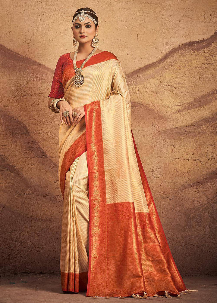 Ivory White Zari Woven Silk Saree | Stitched Blouse - qivii