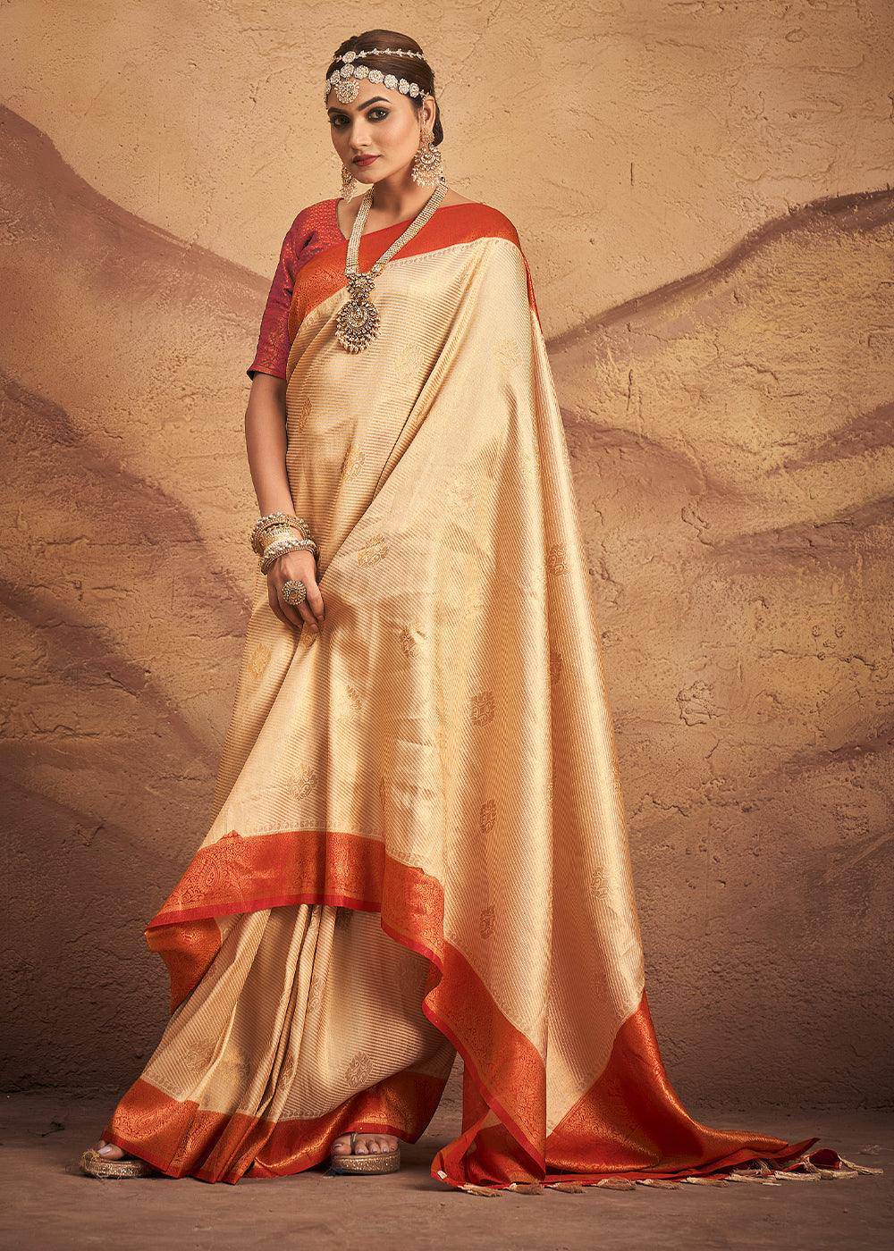 Ivory White Zari Woven Silk Saree | Stitched Blouse - qivii