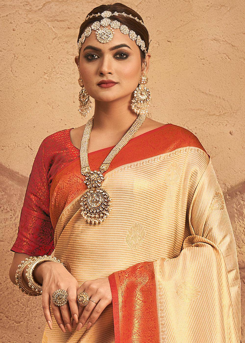 Ivory White Zari Woven Silk Saree | Stitched Blouse - qivii