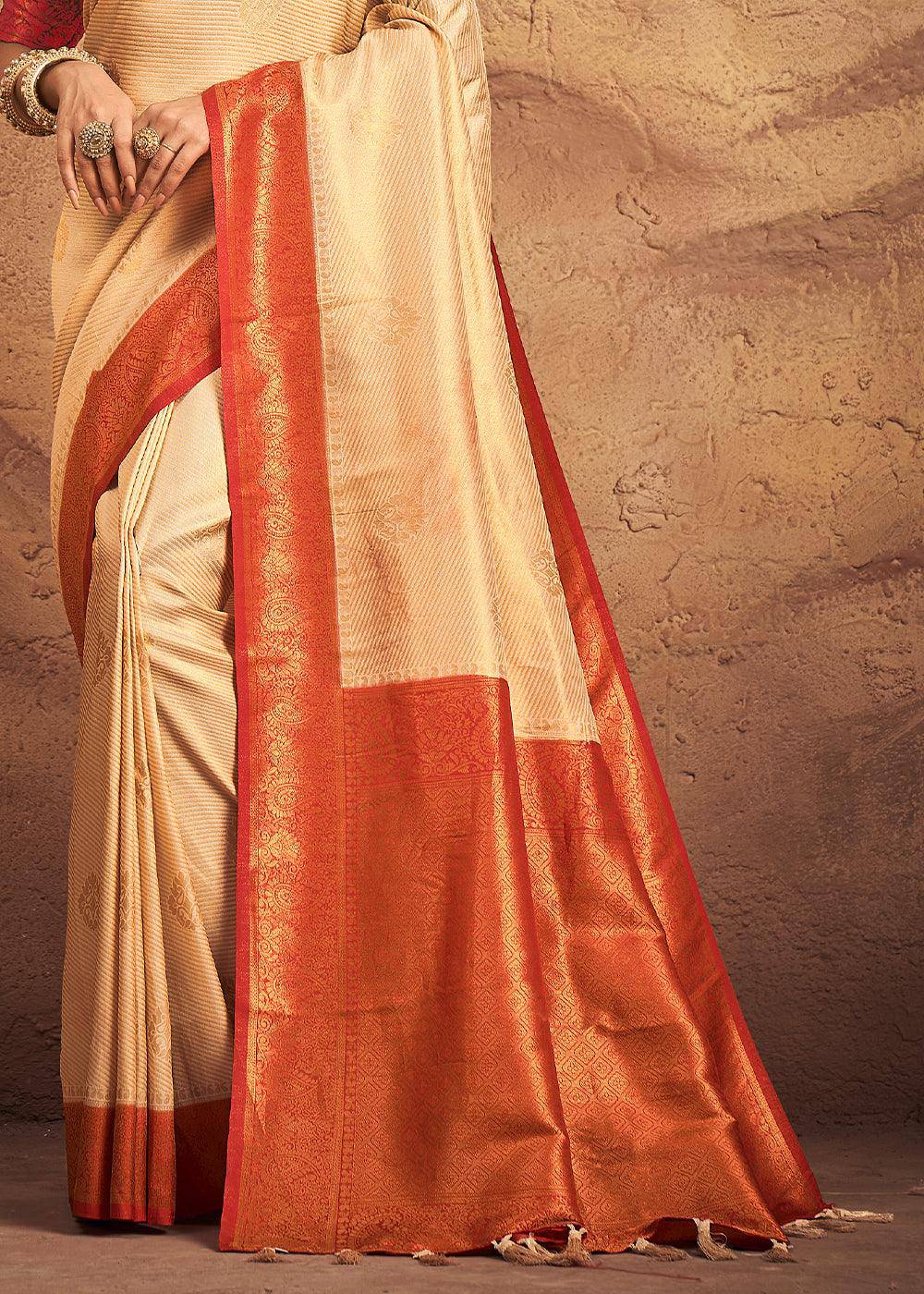 Ivory White Zari Woven Silk Saree | Stitched Blouse - qivii