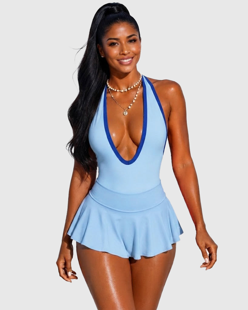 Halter Deep V Backless Skirted One Piece Swimsuit  - By Qivii