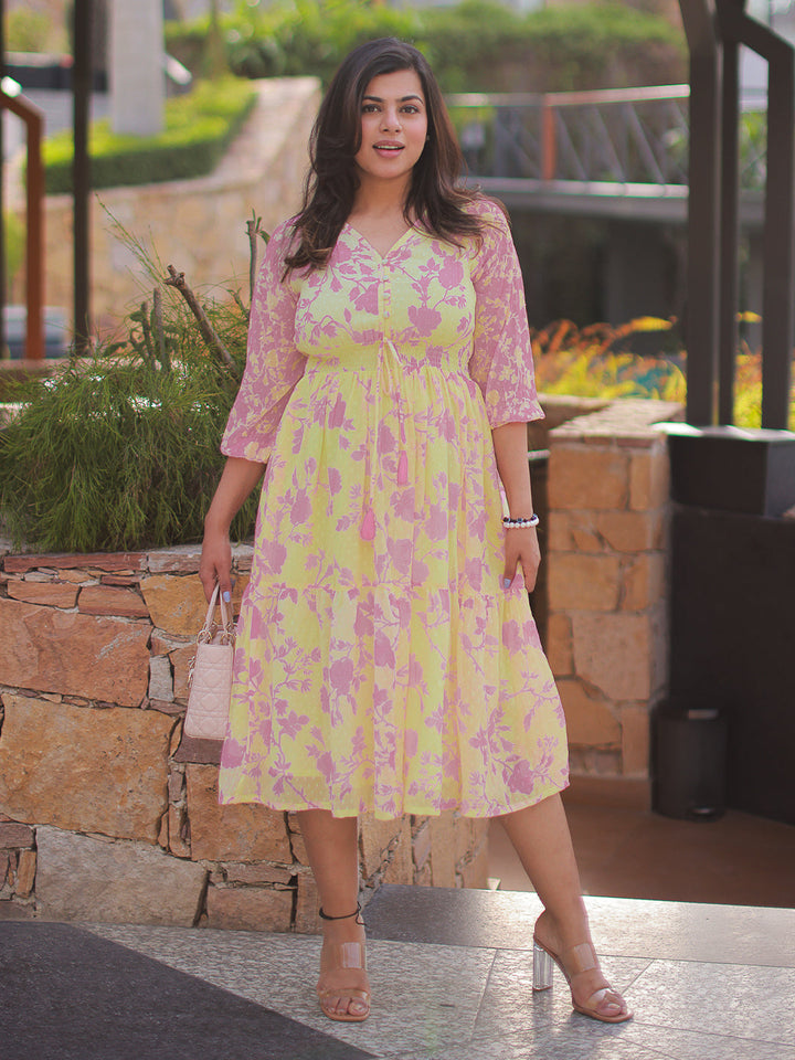 Light Yellow Dobby Georgette Floral Fit & Flare Dress  - By Janasya