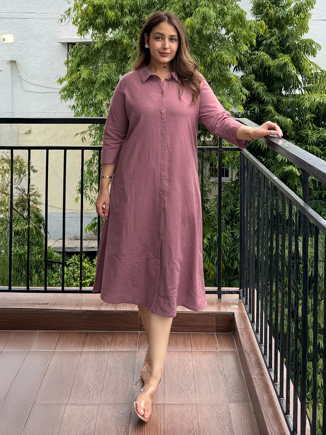 Mauve Cotton Solid A-line Dress - qivii