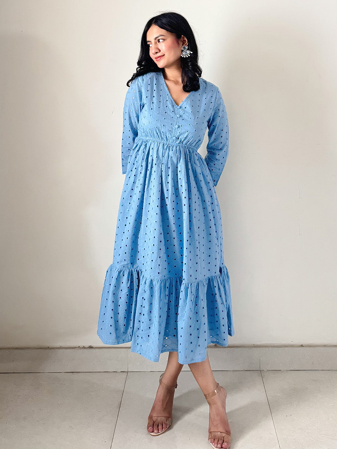 Janasya Women's Light Blue Pure Cotton Schiffli Fit & Flare Dress - qivii