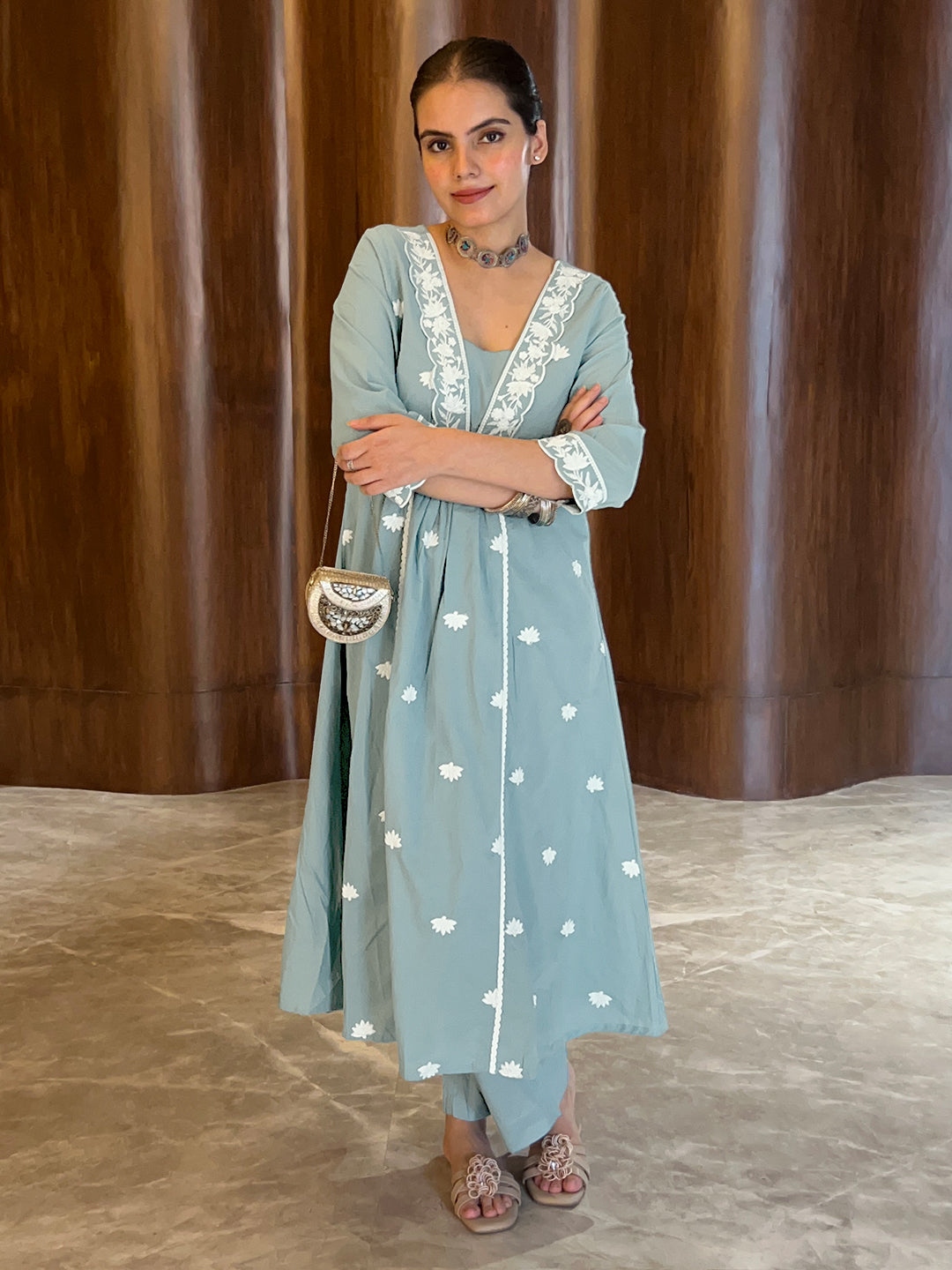 Light Blue Pure Cotton Embroidered A-line Kurta Pant Set - qivii