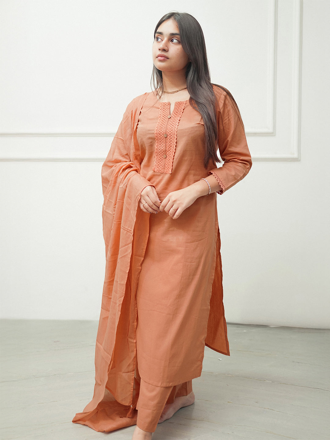 Rust Pure Cotton Solid Straight Kurta Set - qivii