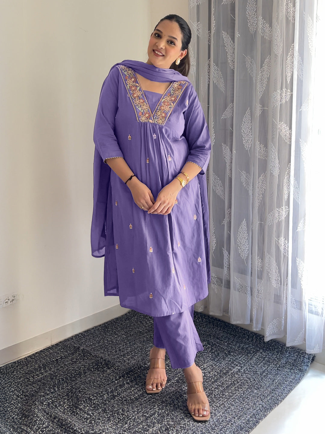 Janasya Women's Purple Pure Cotton Embroidered A-line Kurta Set - qivii