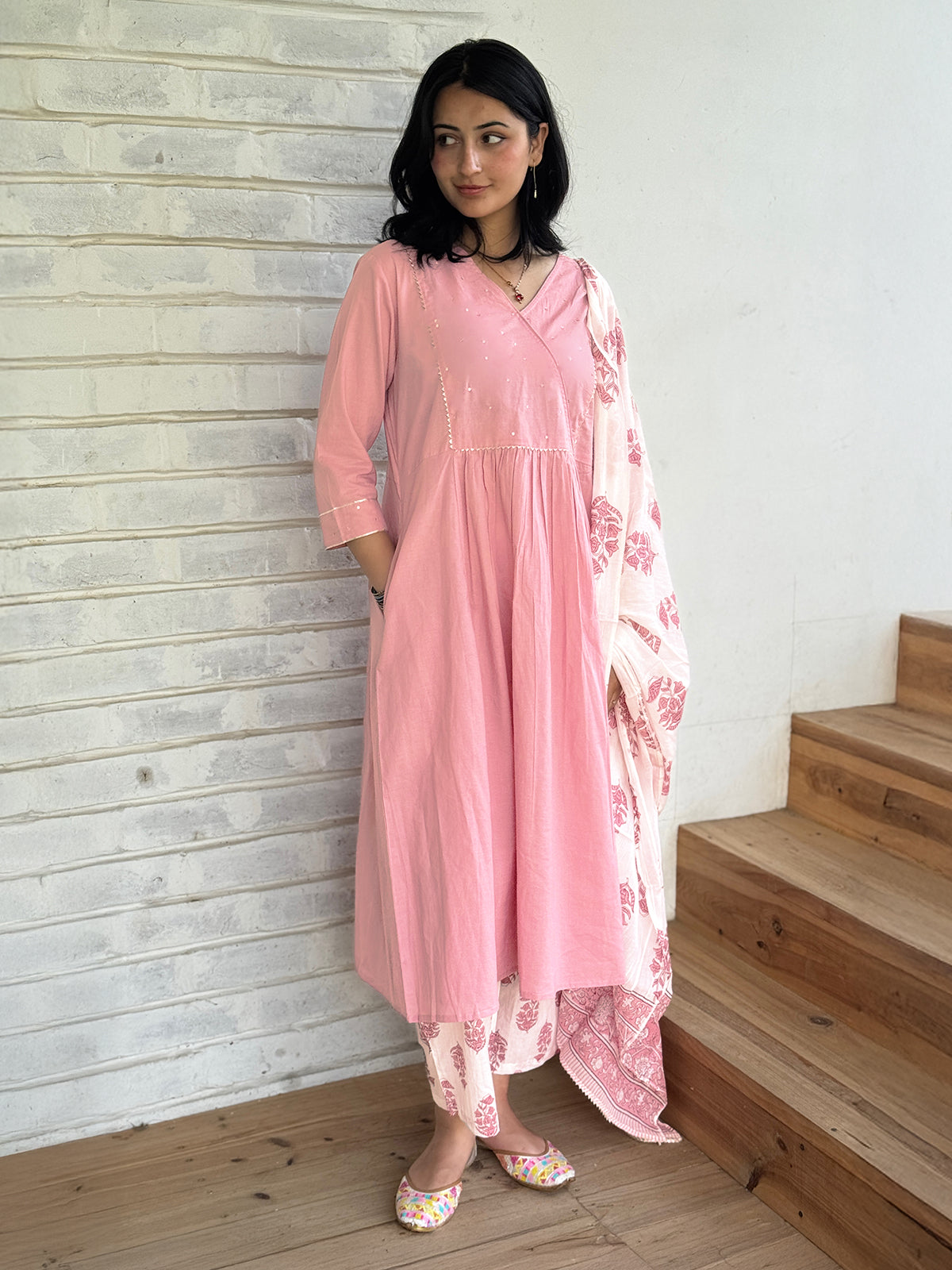 Light Pink Pure Cotton Floral Printed A-line Kurta Set - qivii