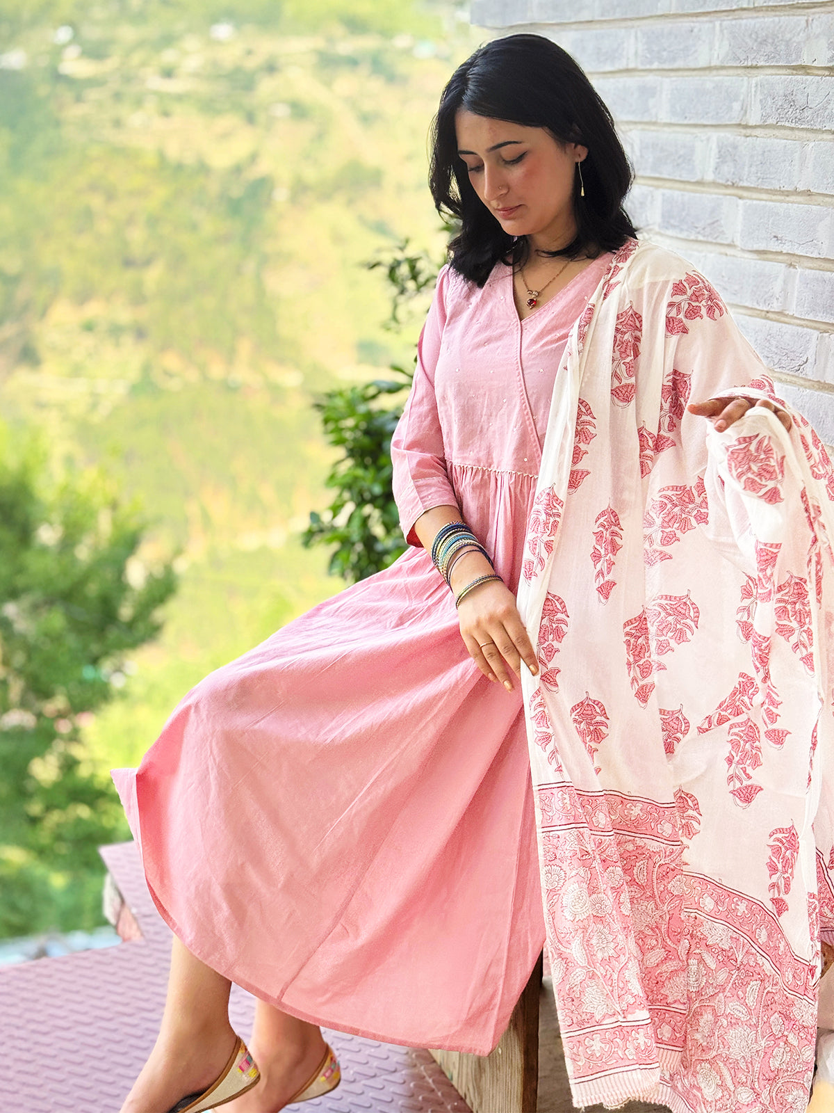 Light Pink Pure Cotton Floral Printed A-line Kurta Set - qivii