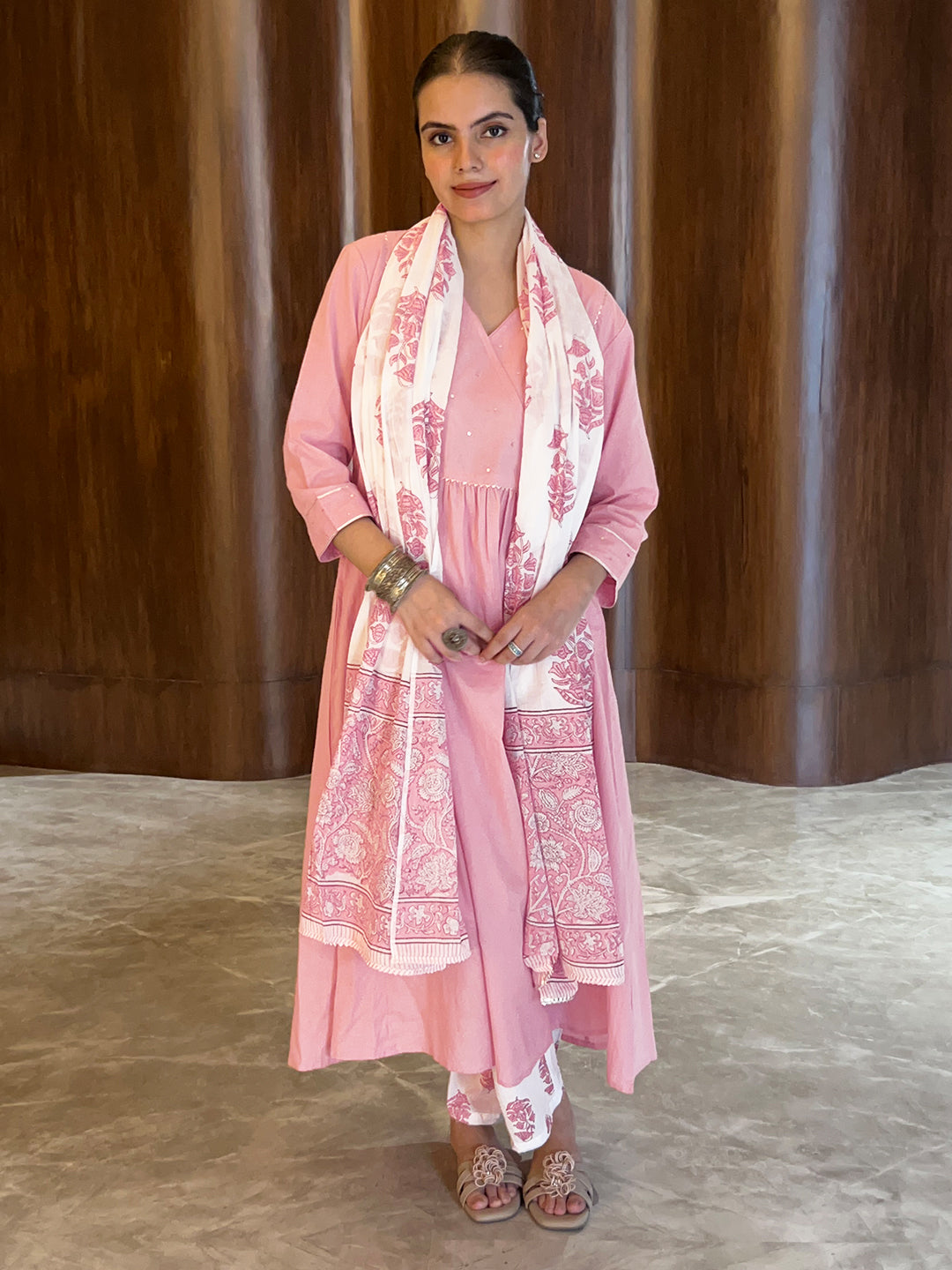 Light Pink Pure Cotton Floral Printed A-line Kurta Set - qivii